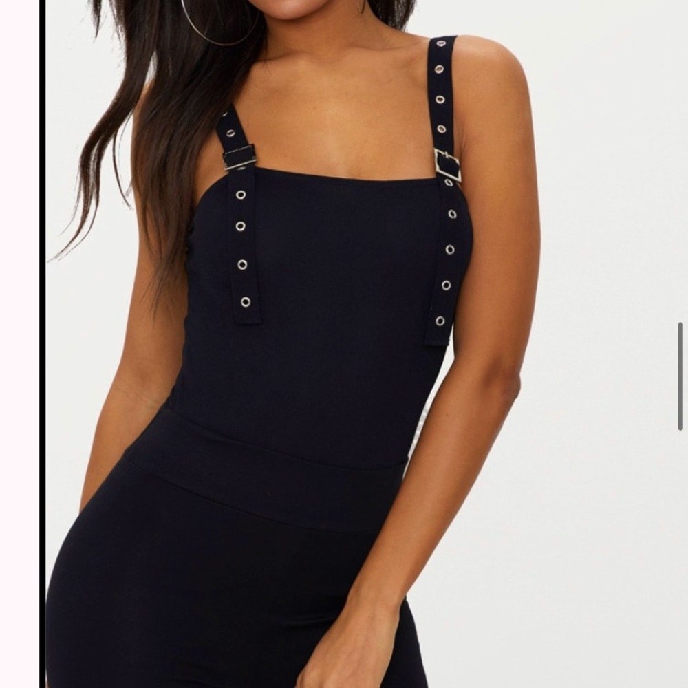 PLT black buckle strap thong bodysuit